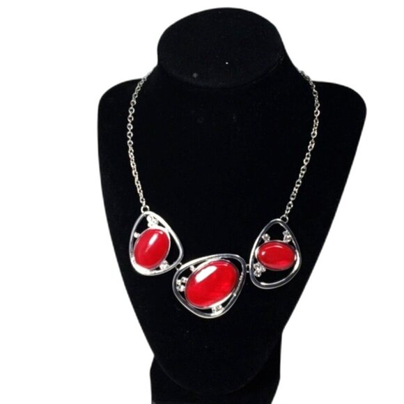 RSVP Silver Tone Statement Necklace – Red Oval Crystals & Hoop Accents – Women’s - Picture 3 of 12